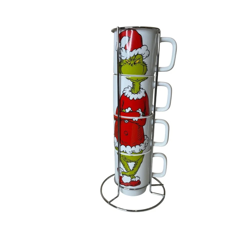 Dr. Seuss The Grinch Christmas Holiday Set Of 4 Mugs Stacker w/ Rack Holiday